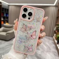 Epoksidinis drugelio mobiliojo telefono dėklas iPhone 16 Plus/15PROMAX/14/13/12 su blizgučiais ir lazeriniu popieriumi iPhone X/XS rožinė