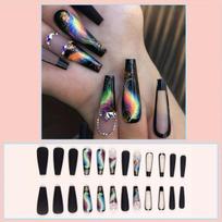 24pcs Gradient Feather Design Press On Nails - Long Length Ballerina Coffin Acrylic False Nails for Women and Girls - French Black Glossy Fake Nails Long gray