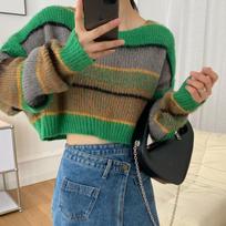 Autumn Short Knitted Sweater Tops Women Loose Clothes Winter Long Sleeve Pullover Sweaters Women Fashion Striped Knitwears 28946 One Size žalia