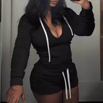American Fashion Casual Solid Two Piece Set Hooded Zipper Shorts Tops + Sexy Pants Women New Chic Sports Outfits Women Autumn XS juoda