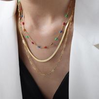 Retro Dopamine Color Scheme Blade Chain Three-Layer Colorful Oil Drop Necklace Empress Dowager Personality Temperament Jewelry Women gray