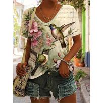 Vibrant Floral Bird Print V-Neck Short Sleeve T-Shirt - Soft Mid-Elasticity Polyester Top for Spring Summer Young Womens Casual Wear for All Seasons S