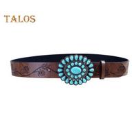 Boho diržas Rožės žiedo raižinys Dirbtinio turkio akmens dekoras Vintažinis vakarietiškas diržas Spaudžiamas sagtelis Dirbtinės odos juosmuo L tamsiai ruda spalva