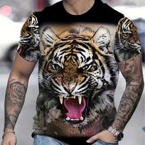 Vibrant Roaring Tiger 3D Graphic Print - Short Sleeve, Crew Neck, Novelty, Summer Outdoor, Mens T-shirt for Casual Wear S