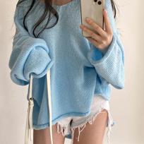Chic New Vintage Loose V-neck Pullover Sweater for Women Autumn Winter Long Sleeve Plus Size Knitted Sweater Women Fashion Casual Lady Knitwears 25010 One Size mėlyna