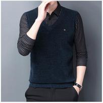 Spring and Autumn Chenille Sweater Men's Fake Two-piece Knitted Sweater Fashion Casual Collared Men's Business Bottoming Shirt Men M