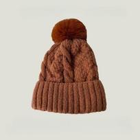 Nauja žieminė mezginė vienspalvė kepurė moterims su kailiniu bumbulu, stora pliušinė kepurė, moteriška šilta slidinėjimo sniego kepurė 55-58cm brown