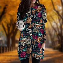 New In Autumn Skeleton Snake Print Plus Size Dress Women O'neck Long Sleeves Casual Pocket Dresses 8XL oranžinė