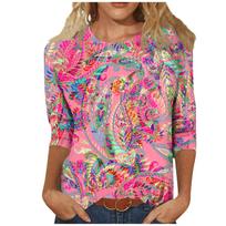 Women Fashion T-Shirts 2024 Summer Vibrant Printed 3/4 Sleeve O-Neck Tops Streetwear Oversized Basic Graphic Tees Female Blusas S
