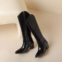 Krazing Pot Cow Skin Autumn Winter Shoes Riding Boots Square Toe Keep Warm Zipper Metal Buckle Thick High Heels Thigh High Boots 34 juoda