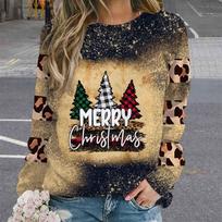 2024 European and American Christmas retro leopard print 3D print round neck autumn loose long sleeved sweatshirt for women S