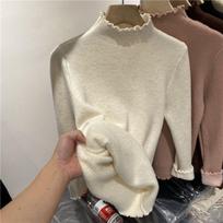 Solid Color Black Fungus Edge Sweater Women Thick Knitted Base and Velvet Women's Autumn and Winter One-piece Velvet Long Sleeved Top Trendy 2XL rožinė