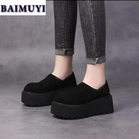 fashion Leopard Platform Loafers Shoes Women Flats Suede Casual Sneaker Brand Mules Woman 2024 Trend Winter Plush Warm Snow Botas Mujer 35 juoda