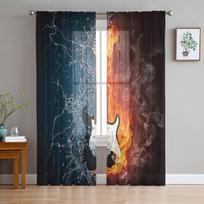 Electric Guitar Water Fire Window Treatment Tulle Modern Sheer Curtains for Kitchen Living Room the Bedroom Curtains Decoration W135 x H114cm gray