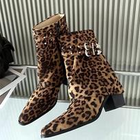 Fashion 2025 New Design Leopard Ankle Boots Women Sexy Pointed Toe Chunky Boots for Women Fashion Double Belt Buckle Botines Winter Shoe 35 leopardo rašto spalva