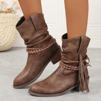 Fashion Woman Pirate Boots Pleated Tassel Mid-calf Boots Women Pointed Toe Chunky Heel Short Boots New Slip-on Plus Size Shoes for Women 35 ruda