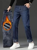Men's Straight Leg Fleece Lined Jeans, Classic Design Thickened Denim Pants For Men, Warm Jeans For Autumn/Winter 28 mėlyna