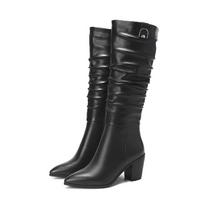 Krazing Pot Cow Leather Autumn Winter Shoes Thick High Heels Big Size 45 Size 44 Pointed Toe Pleated Decoration Women Keep Warm Mid-calf Boots 34 juoda