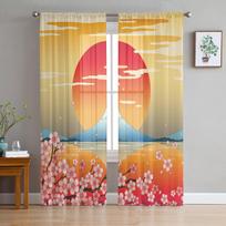Japanese Style Mt. Fuji Sakura Cherry Blossom Sheer Curtains for Living Room Decor Window Curtains Kitchen Tulle Voile Curtains W135 x H115cm x1 beige