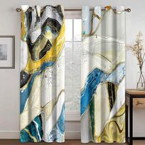 2PCS Yellow Blue Gray Gold Rim Marble Texture Printed Curtains for Bedroom Living Room Kitchen Bathroom Window Shutters cortinas 100W130H(CM)40x51in&Grommet Top