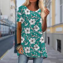Didelio dydžio moteriški pavasariniai marškinėliai su hibisko gėlių spaudiniu, patogūs, trumparankoviai, apvaliu kaklu, laisvi, vidutinio ilgio. 8XL smėlis