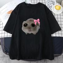 2024 Sad Hamster Tshirt Cartoon Graphic Printed Tee-shirt Pink Summer Comfortable Tshirt Streetwear Short Sleeve Unisex Unisex Tee L gray