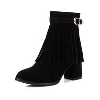 Women's high-heeled short boots autumn and winter new thick-heeled suede large-size fringed boots 35 juoda