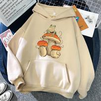 Funny frog print round neck Hoodie aesthetic mushroom pattern Hoodie Women Unisex fashion long sleeved Hoodie fashion pullover Casualwear L smėlis