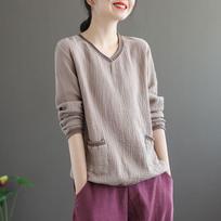 Double Layered Crepe Cotton Yarn Artistic Retro Solid Color V-neck T-shirt Korean Version Loose Long Sleeved Women's Base Shirt M chaki