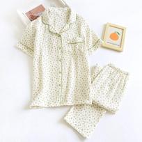 Summer New Women's Set 100% Cotton Crepe Short Sleeve+Long Set Two Piece Thin Flower Homewear Sleepwear Pajama M