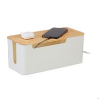 Relaxdays Kabelių tvarkytuvas 2 elektros lizdų blokams, bambukinis dangtelis, plastikas, AxPxG: 13x31x14 cm, korpusas, balta - natūrali žalia