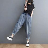 Women's Spring and Summer Clothes Literary Vertical Striped Jeans Loose Large Size Casual Harem Pants XXL mėlyna