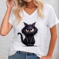 Outdoor Women's T-shirt Cat Printed Short Sleeve Female Harajuku Tees Ladies T Shirt Oversized V-neck Tops Animal Women Clothing  T-Shirts Women’s S black