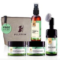 Pilgrim Squalane Daily Glow Skin Care Kit | Foaming Face Wash with Brush,120ml | Toner & Mist,100ml | Glow Moisturizer,50gm | Glow Sleeping Mask, 50gm gray