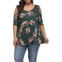 Women's Sweet Round Neck Large Print Off Shoulder Waist Top Fashion T-Shirts S žalia