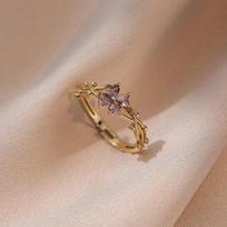 Ring Female Purple Four-Leaf Flower Zirconia Open Ring Sweet Niche Fashion Index Finger Ring Net Red Adjustable Finger Ring