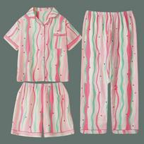 Dopamine Pink Striped Summer Cotton Crepe Pajama Set - Women's Short-Sleeve Three-Piece M (Around 80-100 jin)