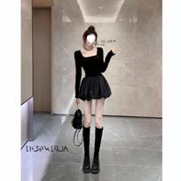 Women's French Square Neck Princess Tutu Dress with Back Mesh Design - Elegant Autumn/Winter Wear Size M