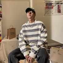 Japanese Hong Kong-Style Striped Men's Loose Sweatshirt - Casual Round Neck for Spring and Autumn Gray Stripe