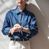 Hong Kong Style Shoulder Wash Denim Shirt for Women with Layered Blue Shirt Retro Small Soft Cotton Autumn and Winter Jacket XS mėlyna