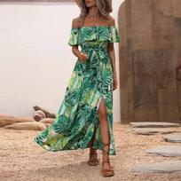 Women's Summer Straight Neck Ruffled Waist Dress L žalia
