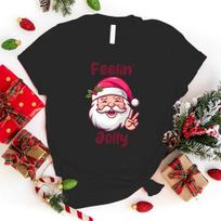 Unisex Short Sleeve Christmas Feelin Jolly Santa Claus Print T Shirts Women Causal Harajuku Tops Funny T Shirt M juoda