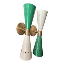 Žalias, Baltas Italų Modernus Žalvarinis Diabolo Sieninis Šviestuvas Stilnovo Stiliaus Sputnik Makiažo Veidrodžio Dvigubas Šviesos Aukštyn ir Žemyn 2 Šviesų Šviestuvas Vonios Kambariui