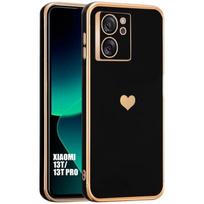 Case for Xiaomi 13T - E.F.CONNECTION - Black - Shockproof - Liquid Silicone - Golden Heart Pattern