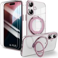 Case - Pink - for iPhone 16 Plus - Shockproof Silicone - Magnetic Mount - 2 Tempered Glass