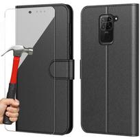 Coque - E.F.CONNECTION - pour Redmi Note 9 - Verre trempé inclus - Effet cuir noir - Fermeture magnétique