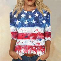 Women's Fashion Casual Round Neck 3/4 Sleeve Loose  Printed T-Shirt Ladies Top L mėlyna