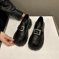 Stipriu padu aukštinančios odinės Velcro loaferiai moteriški 2025 m. pavasario nauji retro britiško stiliaus maži odiniai batai storu kulnu viengubiai batai 35 tamsiai ruda spalva