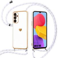Crossbody Case - Samsung - Galaxy M13 - Flexible TPU - Shockproof - Heart Pattern - White balta