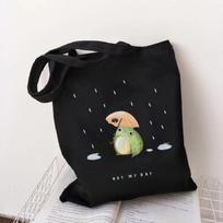 Cartoon Frog Animal Harajuku Female Shopping Black Canvas Casual Large-capacity Women Bag Harajuku Kpop Funny Y2k Shoulder Bags 24*26cm